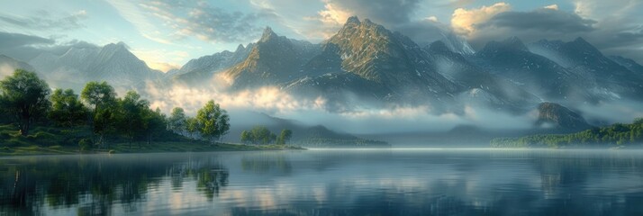An ethereal mountain landscape bathed in the golden light of sunrise, with misty peaks rising above a serene, mirror-like lake in a secluded valley - obrazy, fototapety, plakaty