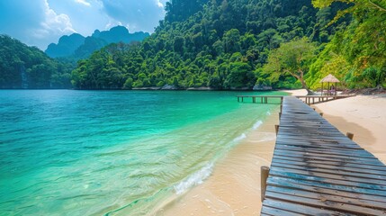 A breathtaking coastal scene where the emerald sea meets a white sandy beach, with a dense jungle...