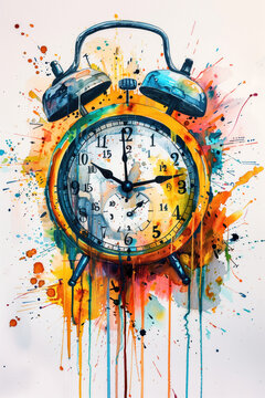 A vibrant artwork showcasing a classic alarm clock enveloped in a dynamic explosion of colorful splashes, symbolizing the fluidity and energy of time