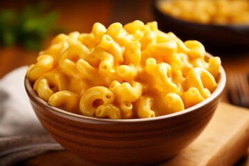 Detailed close-up photography of a juicy macaroni and cheese on a ceramic tile against a kraft paper background. AI Generation