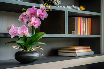 A vibrant pink orchid in a black pot, beautifully contrasting the modern, dark-toned shelf adorned with neatly arranged books and decorative items.