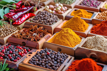 A visually appealing display of various spices and herbs in wooden boxes, showcasing a spectrum of colors and textures.