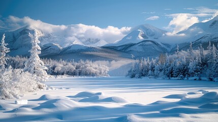 Pristine Snowscape: Frozen Lake and Snow-Covered Trees with Distant Mountains