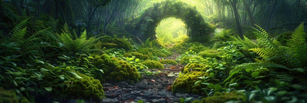 A mystical forest path covered in vibrant moss and ferns, leading to an ancient stone archway that glows with an ethereal light, inviting exploration © Landscape Planet