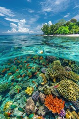 Aerial View: Sprawling Coral Reef and Colorful Fish in Crystal-Clear Waters