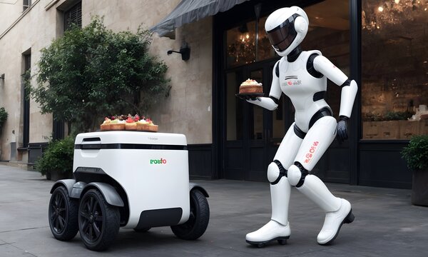 A humanoid robot offers a dessert next to a delivery robot on a city street, depicting an advanced urban delivery system in action.