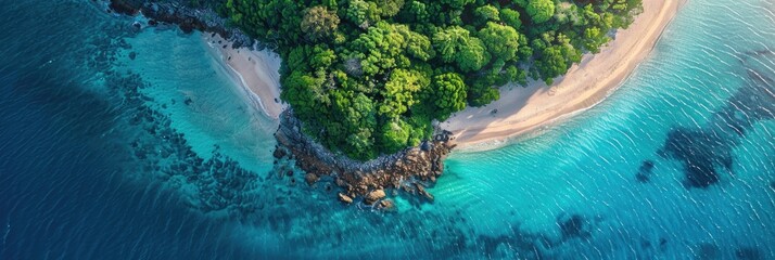 Crescent-Shaped Island with Tropical Forest and Curved Sandy Beach Beside Turquoise Lagoon