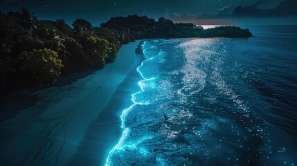 Magical Glow of Bioluminescent Plankton on a Secluded Beach with Gentle Waves and Stars
