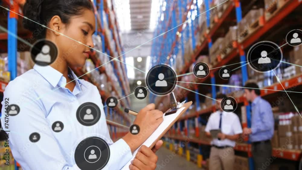 Sticker animation of network of connections with icons over biracial female worker in warehouse