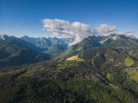 Aerial photo from a drone in the Polish Tatras on a summer day.
