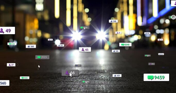 Animation of social media icons with numbers over cars on street