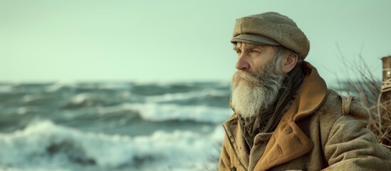 A man with a long beard and wearing a hat stands by the sea, dressed as a fisherman.