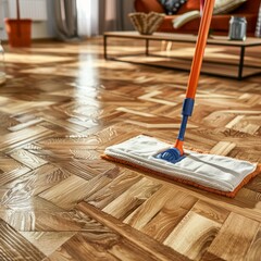 Floor Cleaning with Mop and Cleanser Foam on Parquet Floor - obrazy, fototapety, plakaty