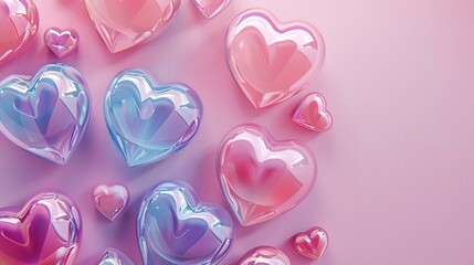 Valentine's Day background, with copy space. 3D hearts in candy pastel color, on a pink background. Saint Valentine and love background concept, blank space.