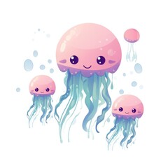 Illustration of a family of cute jellyfish on a white background
