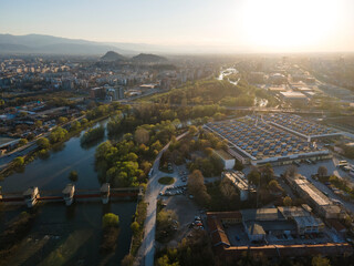 Aerial Sunset view of City of Plovdiv, Bulgaria