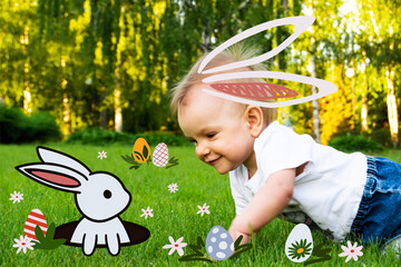 A small child on an Easter hunt. Kid looks at the huge egg. Сhild wearing Bunny ears find and pick...