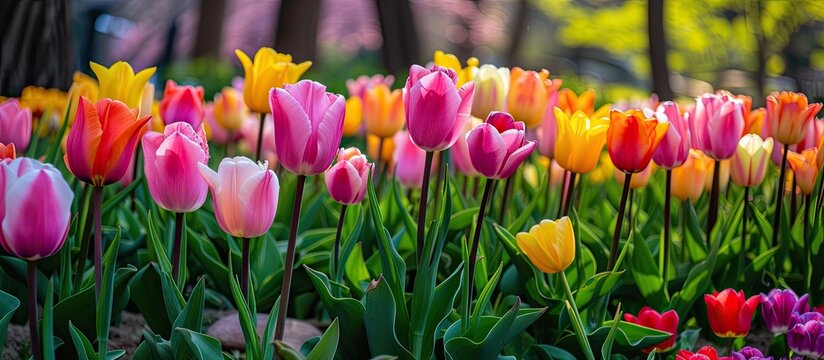 A photo showcasing a field of vibrant tulips blooming in a city park during spring. The colorful flowers add a pop of color to the green surroundings, creating a beautiful scene.
