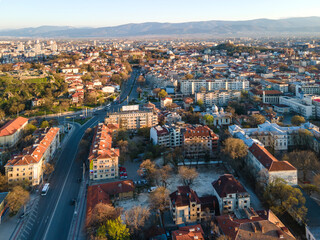 Aerial Sunset view of City of Plovdiv, Bulgaria