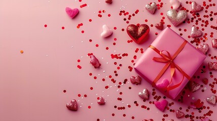 Layout for the holiday of Valentine's Day or happy event. Gift box,  confetti, and hearts. On a pink background with copy space.