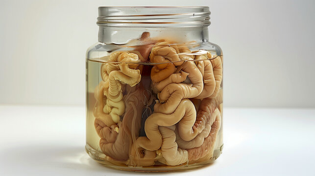 Syst&egrave;me digestif humain conserv&eacute; en bocal, des organes  (intestins) dans une jarre en verre