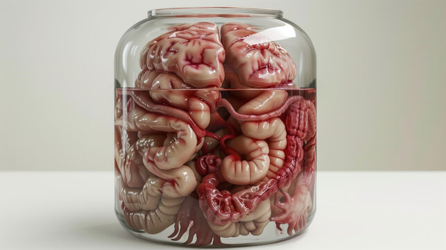 Syst&egrave;me digestif humain conserv&eacute; en bocal, des organes   (petit et gros intestin) dans une jarre en verre