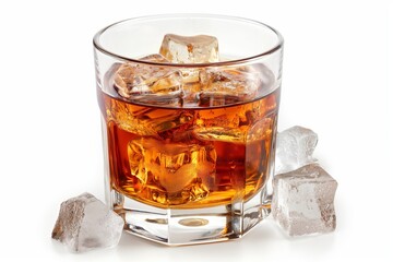 Glass of whiskey with ice isolated on a white background