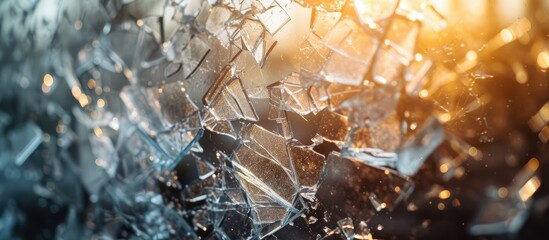 This close-up image showcases the haunting beauty of a shattered glass window in a junkyard setting, capturing the resilience of the fragments. - obrazy, fototapety, plakaty