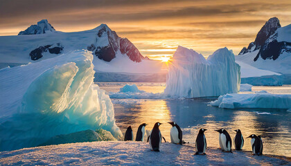 Iceberg alley with a penguin colony with sunrise.
