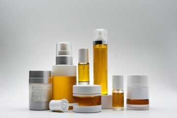 Facial bathroom skin care cream. Skincare treatment products: cream lotion, skincare towel gel, oil, pipette with cream serum and sample jar pot