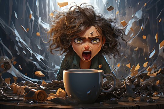 Whimsical morning: animated female character savoring a cup of coffee, blending charm and vibrancy of creative storytelling and lively expressions.
