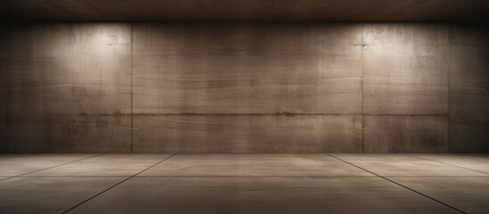 An empty dark abstract room with smooth brown concrete floors illuminated by bright overhead lights. The minimalist design creates a stark and industrial atmosphere.