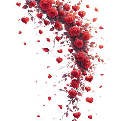 Wiele czerwonych róż zwisających z gałązki drzewa. Kwiaty wydają się być w pełni rozkwitnięte, tworząc piękny i kolorowy widok - obrazy, fototapety, plakaty