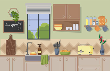 Detail of a modern kitchen with a window and a sink. Cabinets and shelves. Kitchen utensils on the table - a toaster and a coffee pot. Shelf with cups, cutlery and glasses, bowl with cookies. Chalk