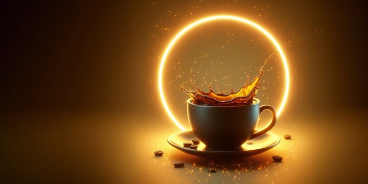 Generated image of a cup coffee, on a gold background, behind a neon circle with a warm glow