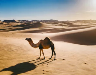 Foto op Plexiglas A wandering camel walking in the desert. © Bill