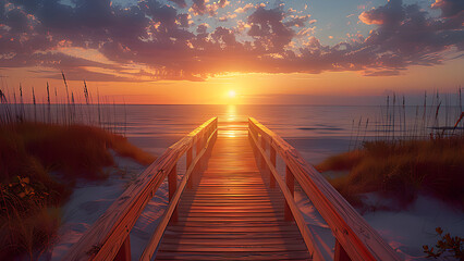 Sunset over the sea, beach boardwalk. - obrazy, fototapety, plakaty