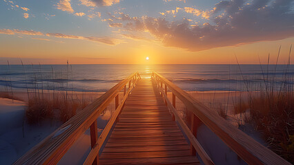 Fototapeta premium Sunset over the sea, beach boardwalk.