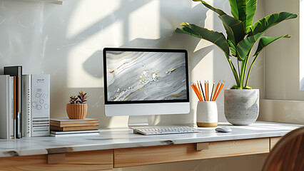 White marble desk, modern white wallpaper, colored pencils in pencil case and design books in office workspace.