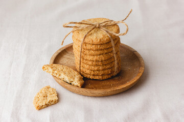 Oatmeal cookies on a wooden plate