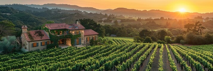 Top-Down Dawn: Sprawling Vineyard with Grapevines' Shadows and Farmhouse Bathed in Golden Light
