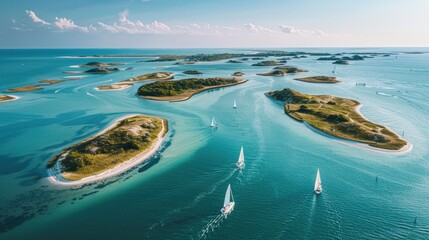 Natural Island Chain in Calm Sea, Sailboats Afloat and Sandy Paths Linking Islands - obrazy, fototapety, plakaty