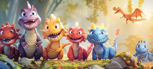 Naklejka premium Dinosaur cartoon with landscape background for your design