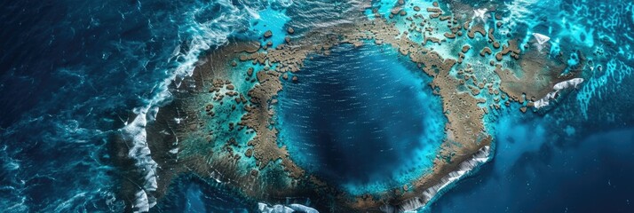 Majestic Atoll and Coral Reef Encircling a Turquoise Lagoon in the Vast Blue Ocean - obrazy, fototapety, plakaty