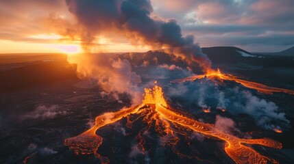 Fototapeta na wymiar Volcanic Terrain Forming New Land, Bathed in Golden Morning Light