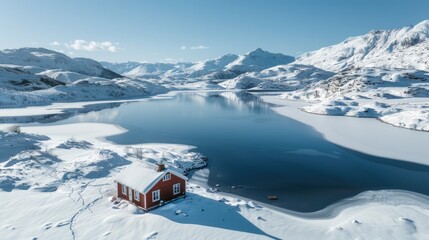 Fototapeta na wymiar Aerial Perspective: Tranquil Valley in Snow, Heart-Shaped Frozen Lake, and Lone Cabin