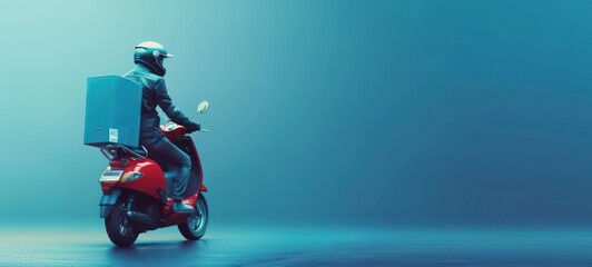 Full length side profile photo portrait of woman delivering big yellow package on red scooter isolated on pastel blue colored background