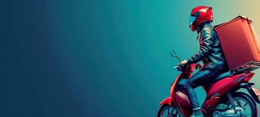 Full length side profile photo portrait of woman delivering big yellow package on red scooter isolated on pastel blue colored background - obrazy, fototapety, plakaty