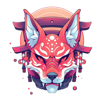 Illustration of a  Kitsune Mask with Torii Japanese, for t-shirt, Sticker, Poster. Vector Illustration PNG Image