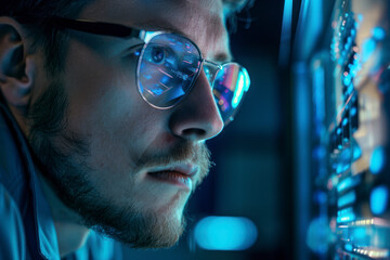 Engineer examining AI technology with reflection on eyeglasses.
